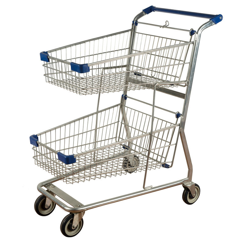 Public Service Shopping Basket Trolley Metal Double Basket Shopping Cart Galvanized Printed Logo